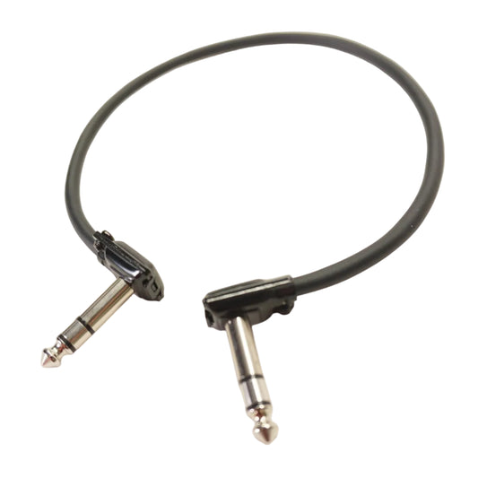 Black audio cable with 90-degree connectors on a white background